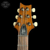 Guitar headstock with brand logo on a black background
