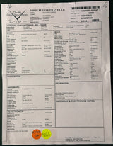 A printed technical specification sheet for a Fender Shop Floor Traveler guitar, detailing specifications, parts, and notes for a 2015 Fender Jazz Bass J.S.