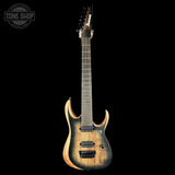 Electric guitar with a sunburst finish on a black background, featuring the Tone Shop logo.