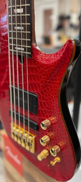 Left side of Used Warrior Kings Closet Isabella 5-String Bass Red Alligator Top w/Bag TSS6755