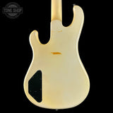 Back of a electric guitar with 'Tone Shop' logo in the corner