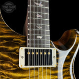 Close-up of a guitar body and neck showing a glossy flamed maple finish in a metallic gold finish, a white pickguard, and bird inlays on the fretboard, set against a black background.
