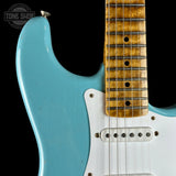 Front detail of Used Fender Custom Shop 70th Anniversary 1954 Strat Journeyman Relic Daphne Blue.