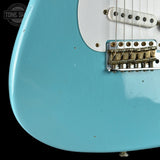 Front detail of Used Fender Custom Shop 70th Anniversary 1954 Strat Journeyman Relic Daphne Blue.