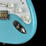 Front detail of Used Fender Custom Shop 70th Anniversary 1954 Strat Journeyman Relic Daphne Blue.