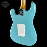 Back angle of Used Fender Custom Shop 70th Anniversary 1954 Strat Journeyman Relic Daphne Blue.