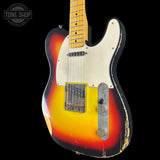 A classic Fender Telecaster-style electric guitar with a distressed sunburst finish, featuring a cream pickguard, dual humbucker pickups, and a maple neck, shown against a solid black background.
