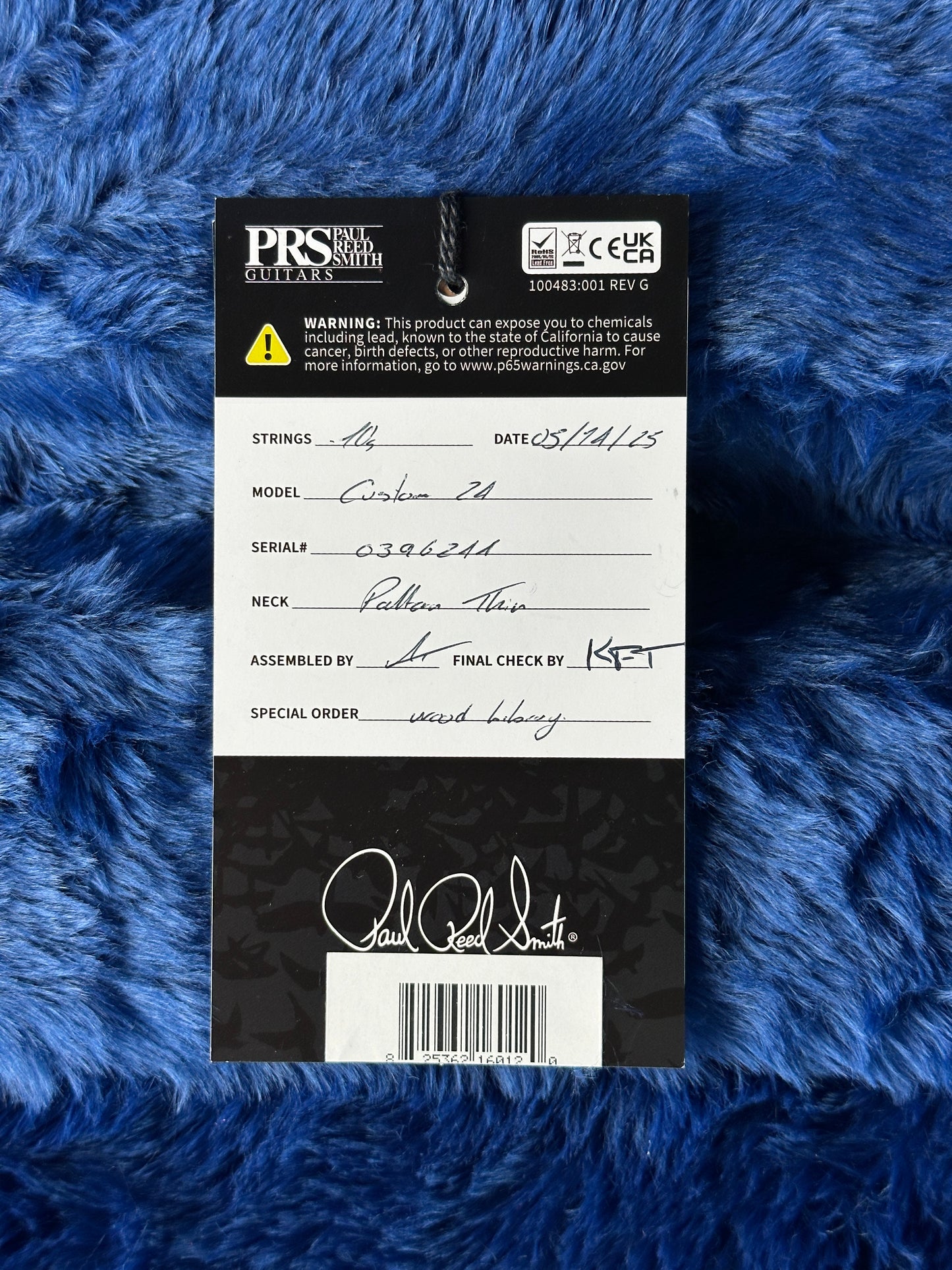 Hang tag for PRS Wood Library Custom 24 Quilt 10 Top Bonni Pink.