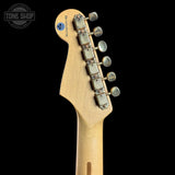 Back of headstock of Used 2006 Fender Deluxe Player Strat 3-Tone Sunburst.