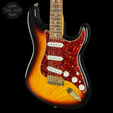 Front angle of Used 2006 Fender Deluxe Player Strat 3-Tone Sunburst.