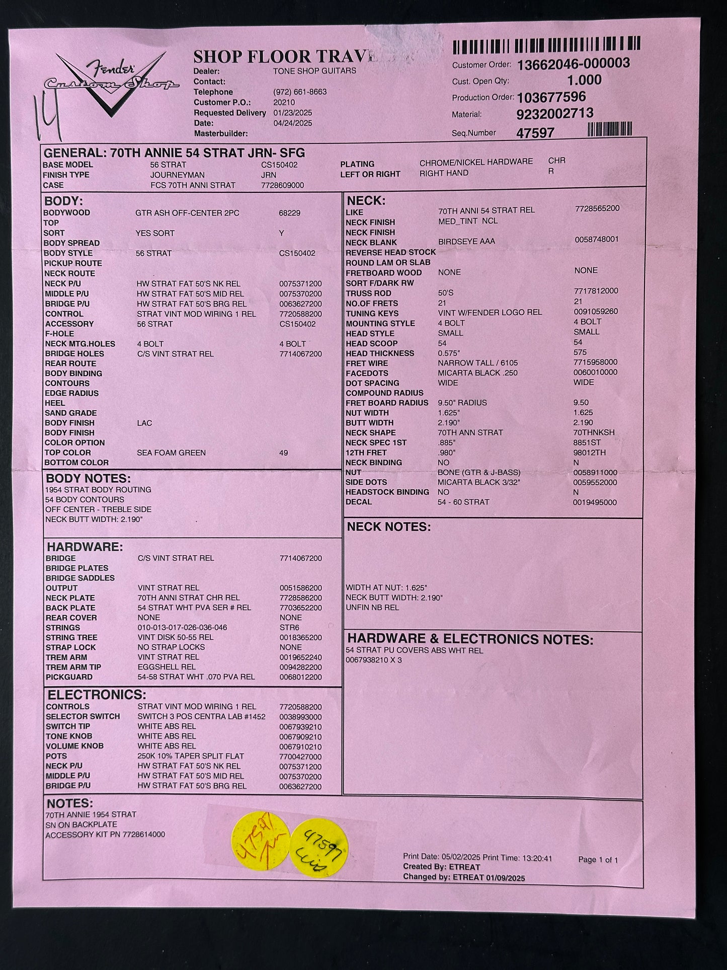 Spec sheet for Fender Custom Shop 70th Anniversary 1954 Stratocaster Journeyman Relic Seafoam Green.