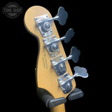 Back of headstock of Used 2025 Fender Player II Modified Jazz Bass Electric Blue.