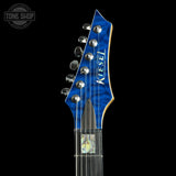 Headstock of Used Kiesel CT624M Blue Quilt Top Black Limba.