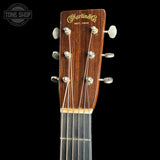 Headstock of Used Martin Custom Shop 37 Authentic Spec Slope Shoulder Dread Ambertone Stage 1 Aging VTS Adirondack/Flamed Mahogany.