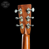 Back of headstock of Used Martin Custom Shop 37 Authentic Spec Slope Shoulder Dread Ambertone Stage 1 Aging VTS Adirondack/Flamed Mahogany.