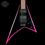 Black electric guitar with pink accents on a black background, featuring the Tone Shop logo.