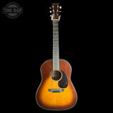 Full front of Used Martin Custom Shop 37 Authentic Spec Slope Shoulder Dread Ambertone Stage 1 Aging VTS Adirondack/Flamed Mahogany.