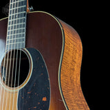Shoulder of Used Martin Custom Shop 37 Authentic Spec Slope Shoulder Dread Ambertone Stage 1 Aging VTS Adirondack/Flamed Mahogany.