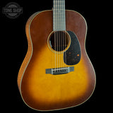 Front angle of Used Martin Custom Shop 37 Authentic Spec Slope Shoulder Dread Ambertone Stage 1 Aging VTS Adirondack/Flamed Mahogany.
