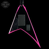 Guitar body with pink truss rod cover on a black background, featuring 'Tone Shop' logo.
