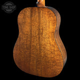 Back angle of Used Martin Custom Shop 37 Authentic Spec Slope Shoulder Dread Ambertone Stage 1 Aging VTS Adirondack/Flamed Mahogany
