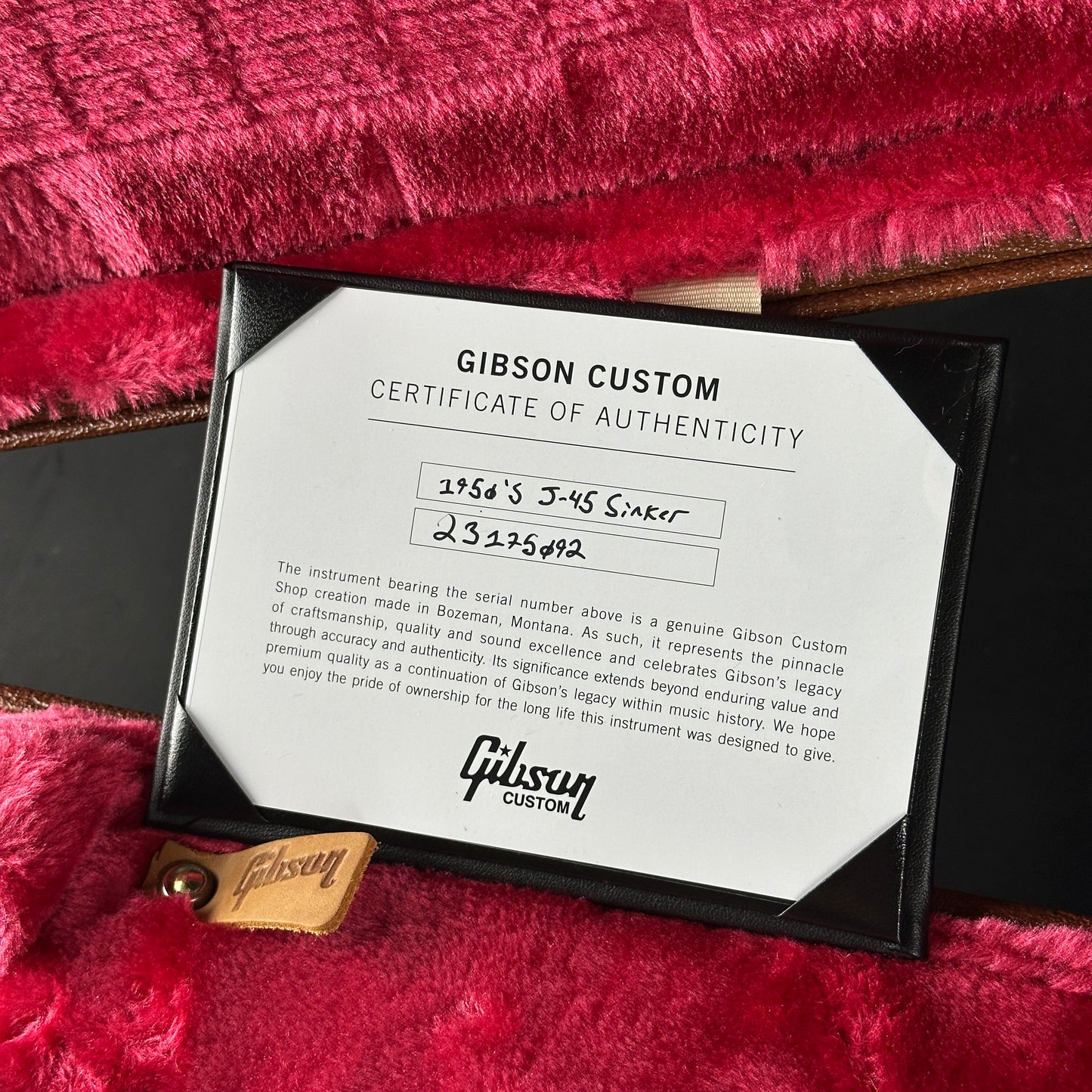 Certificate of authenticity for Gibson Custom Dealer Select J-45 Original Sinker Vintage Sunburst.