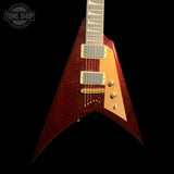 Front of Used ESP LTD Kirk Hammett Signature KH-V Red Sparkle.