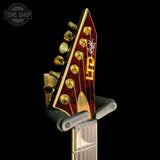 Headstock of Used ESP LTD Kirk Hammett Signature KH-V Red Sparkle.