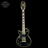 Full front of Used 2016 Epiphone Les Paul Custom Ebony Left Handed.