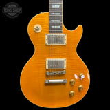 Front of Used 2004 Gibson Les Paul Standard Prototype Trans Amber w/Autograph 90th Birthday.