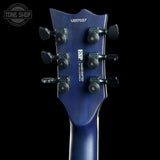 Blue guitar headstock with tuning pegs on a black background, featuring ESP branding.