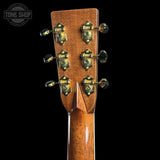 Back of headstock of Martin Custom Shop 42 Style Torch Motif Adirondack/Master Grade Quilt Maple.