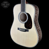 Front angle of Martin Custom Shop 42 Style Torch Motif Adirondack/Master Grade Quilt Maple.