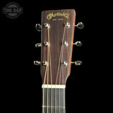 Headstock of Martin Custom Shop 18 Style 00-14F Adirondack/Quilted Mahogany.