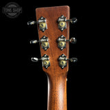 Back of headstock of Martin Custom Shop 18 Style 00-14F Adirondack/Quilted Mahogany.