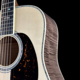 Front shoulder of Martin Custom Shop 41 Style Dread Adirondack/Pacific Big Leaf Flamed Maple.