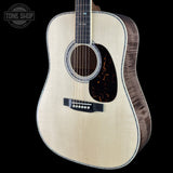 Front angle of Martin Custom Shop 41 Style Dread Adirondack/Pacific Big Leaf Flamed Maple.