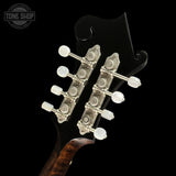 Close-up of a guitar's tuning pegs with a black background