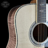 Front detail of Martin Custom Shop 41 Style Dread Adirondack/Pacific Big Leaf Flamed Maple.