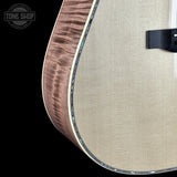 Front detail of Martin Custom Shop 41 Style Dread Adirondack/Pacific Big Leaf Flamed Maple.