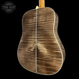 Back angle of Martin Custom Shop 41 Style Dread Adirondack/Pacific Big Leaf Flamed Maple.