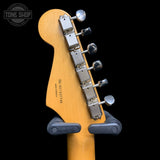 Back of headstock of Used 2003 Fender Classic Series Stratocaster Seafoam Green.