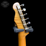 Back of headstock of Used Lay's Custom T-Caster Ice Blue Sparkle.