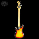 A classic electric guitar shown from the back, featuring a vibrant sunburst finish that transitions from bright yellow in the center to orange and deep red around the edges. The neck is made of natural wood, and the headstock is visible against a solid black background.