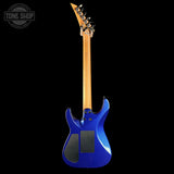 A blue electric guitar shown from the back against a solid black background, with a Tone Shop watermark in the upper left corner.