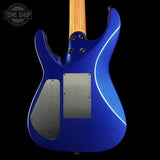 The back of an electric guitar with a metallic blue finish, featuring a maple neck, silver hardware, and a black background.