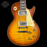 Front of Gibson Custom Dealer Select 1959 Les Paul Standard Tejas Burst AAA Top VOS.