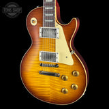 Front angle of Gibson Custom Dealer Select 1959 Les Paul Standard Tejas Burst AAA Top VOS.