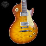 Front angle of Gibson Custom Dealer Select 1959 Les Paul Standard Tejas Burst AAA Top VOS.