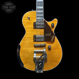 Front of Used 2024 Gretsch G6134TFM-NH Nigel "Droff" Hendroff Signature Penguin Amber Flame.